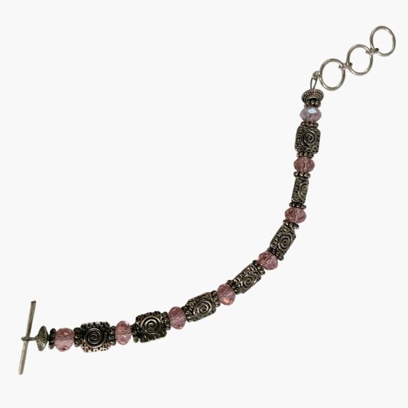 Handcrafted Silver Tone Pink Beaded Bracelet Swirl Design Toggle Clasp 7 inch - Picture 5 of 7